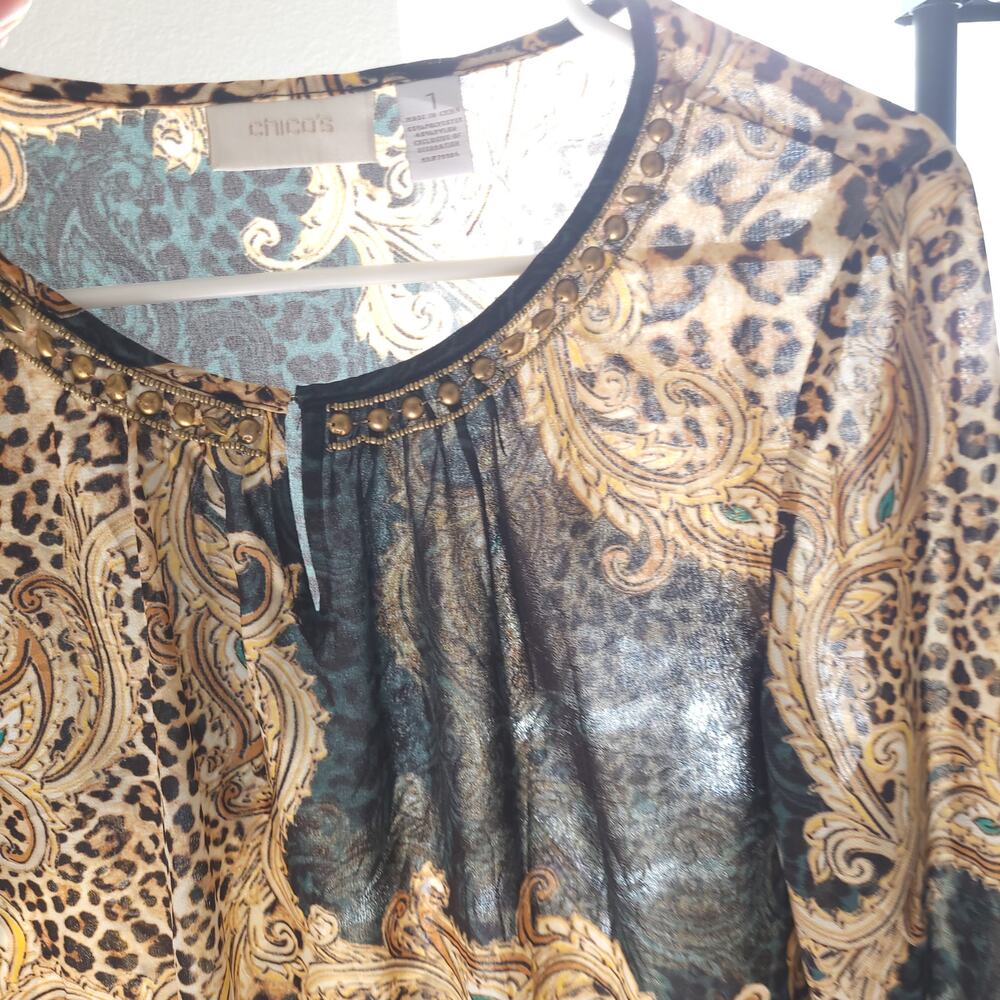 Chicos Womens Blouse Chicos 1 Standard Size 8 Leopard Print Sheer Lightweight - Picture 10 of 12